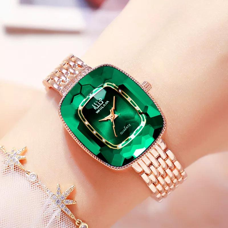 Relógio quartzo de luxo feminino, estilo diamante verde - LOJACOMFY