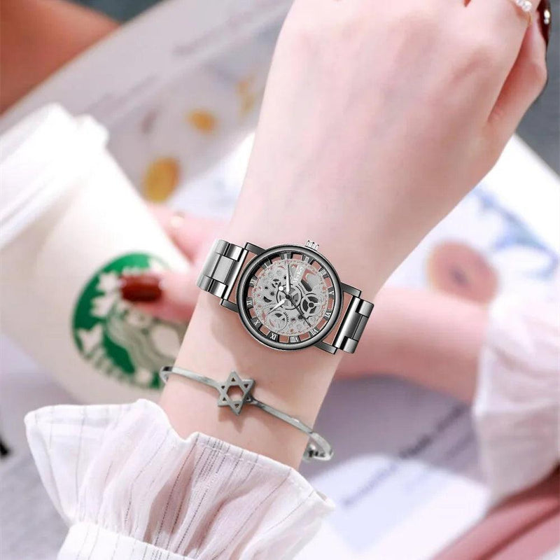 Relógio feminino Lançamento Esqueleto Falso Relógio Mecânico, Malha de Metal, Top Fashion - LOJACOMFY