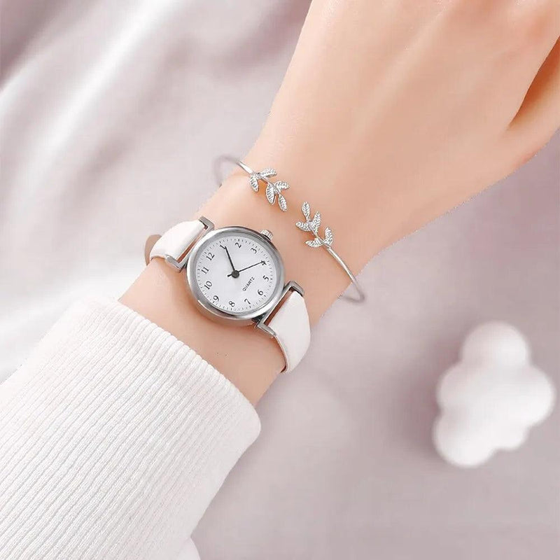 Relógio Feminino mostrador Branco Simples Couro + BRINDE - LOJACOMFY
