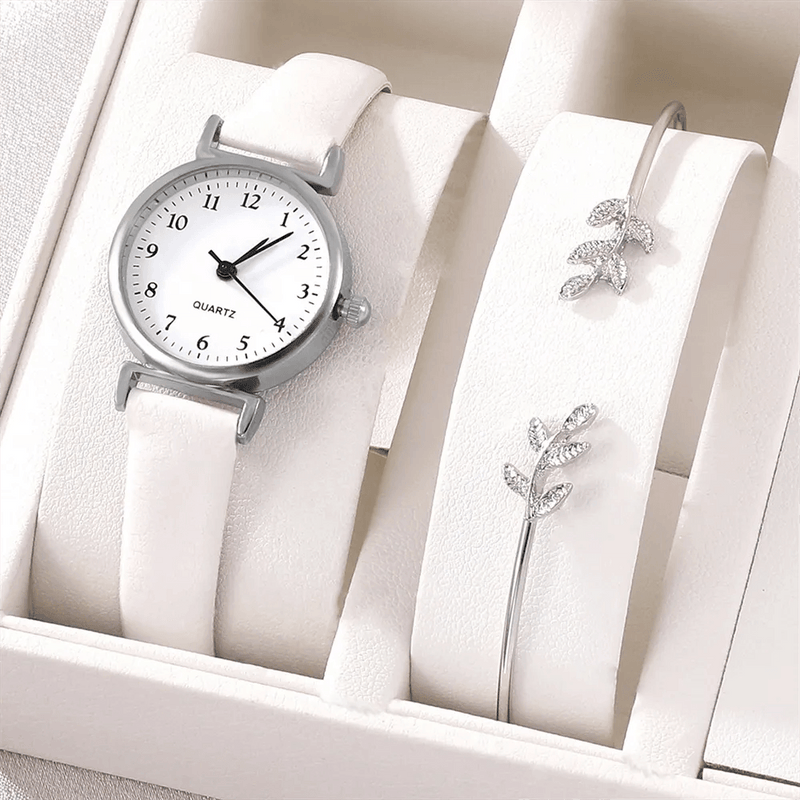 Relógio Feminino mostrador Branco Simples Couro + BRINDE - LOJACOMFY