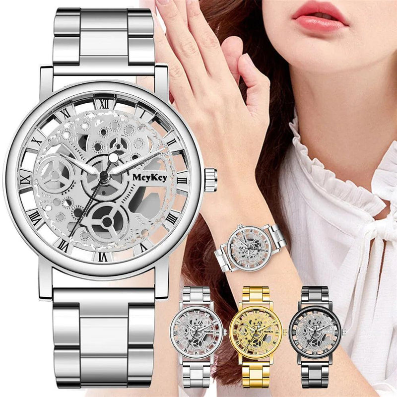 Relógio feminino Lançamento Esqueleto Falso Relógio Mecânico, Malha de Metal, Top Fashion - LOJACOMFY